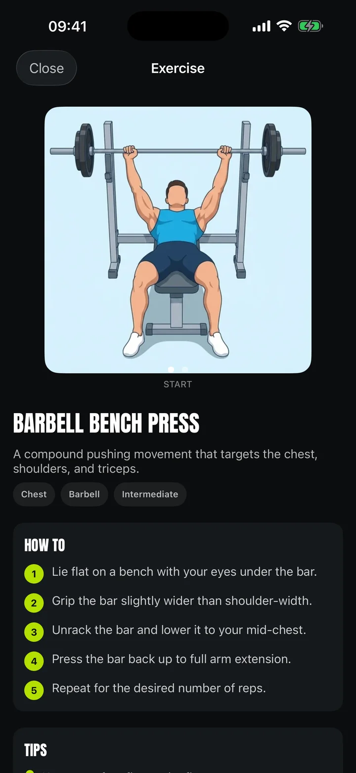 GymDJ Barbell Bench Press detail with image and instructions