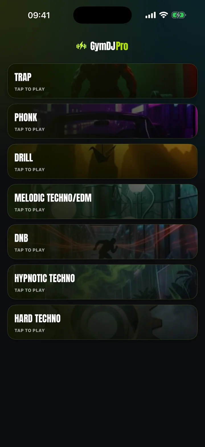 GymDJ station picker with seven instrumental workout music stations