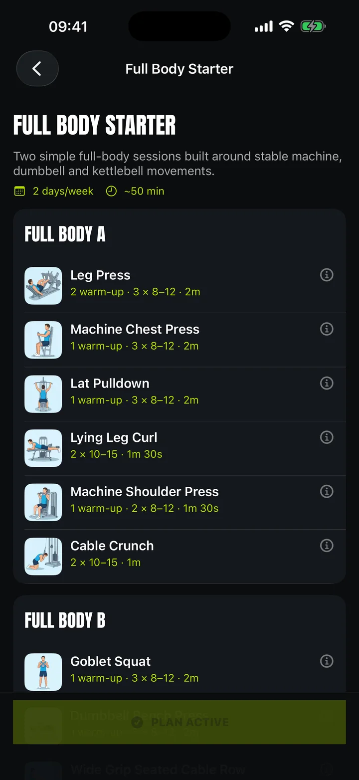 GymDJ structured workout plan showing training days, sets and reps